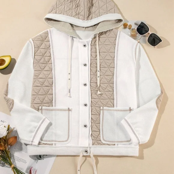 Beige Quilted Textured Patchwork Loose Fit Hooded Jacket - Picture 6 of 8